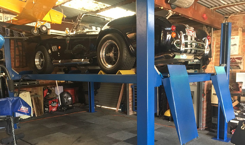 Shelby Cobra on Joels Garage Gear Hoist